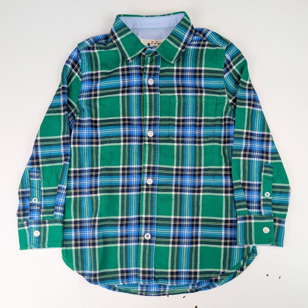 Mini Boden Boys 5-6 Blue/Green Plaid Flannel Button Up Shirt
